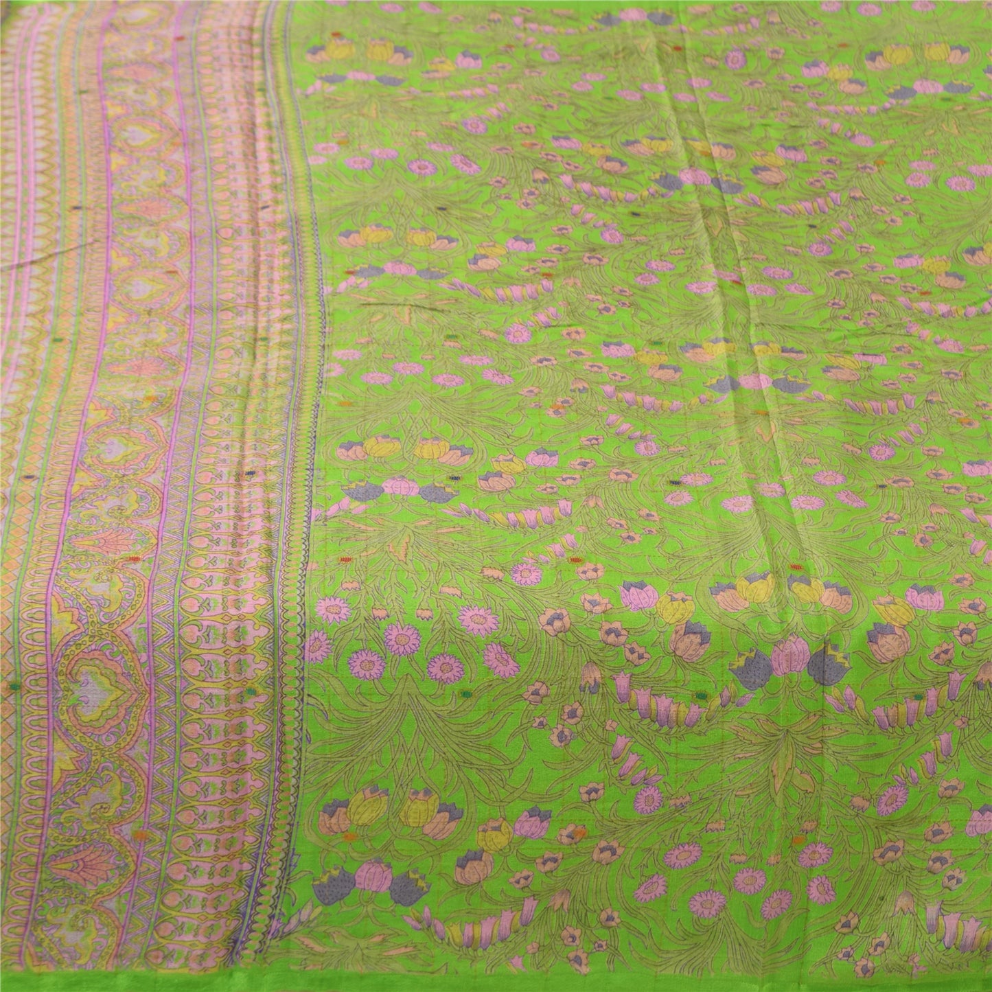 Sanskriti Vintage Sarees Green Pure Silk Printed Woven Sari 5+yd Craft Sustainable Fabric