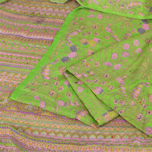 Sanskriti Vintage Sarees Green Pure Silk Printed Woven Sari 5+yd Craft Sustainable Fabric