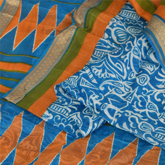 Sanskriti Vintage Sarees Blue Indian Pure Silk Printed Sari 5+yd Craft Sustainable Fabric