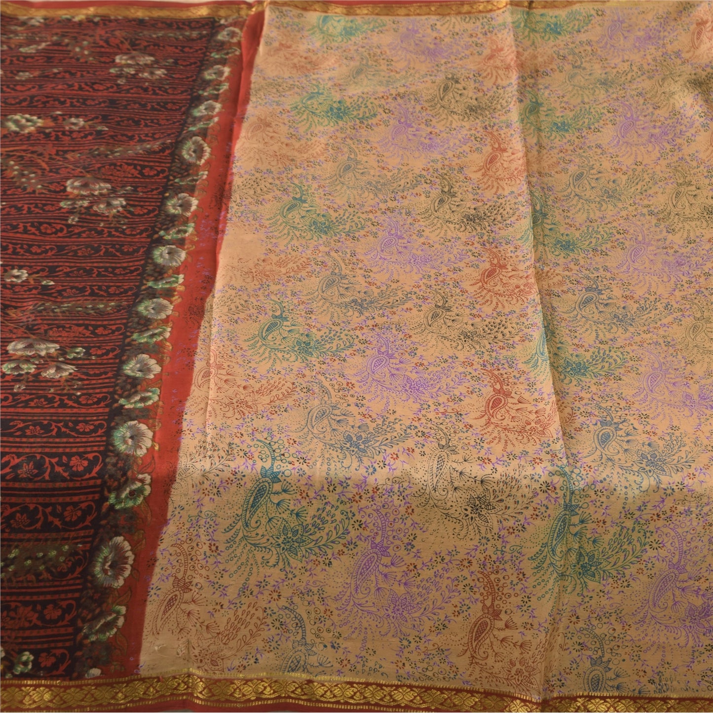 Sanskriti Vintage Sarees Peach Zari Border Pure Silk Printed Sari 5+yd Sustainable Fabric