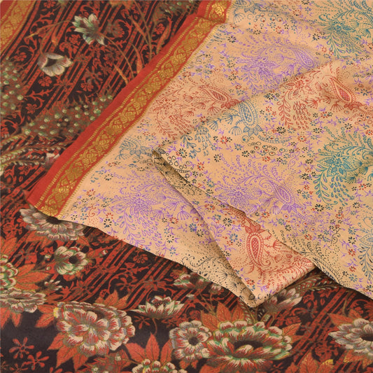 Sanskriti Vintage Sarees Peach Zari Border Pure Silk Printed Sari 5+yd Sustainable Fabric