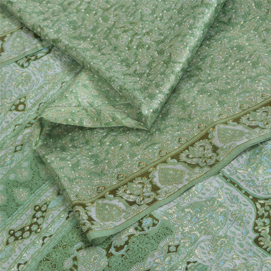Sanskriti Vintage Sarees Green Indian Pure Silk Printed Sari 5+yd Craft Fabric