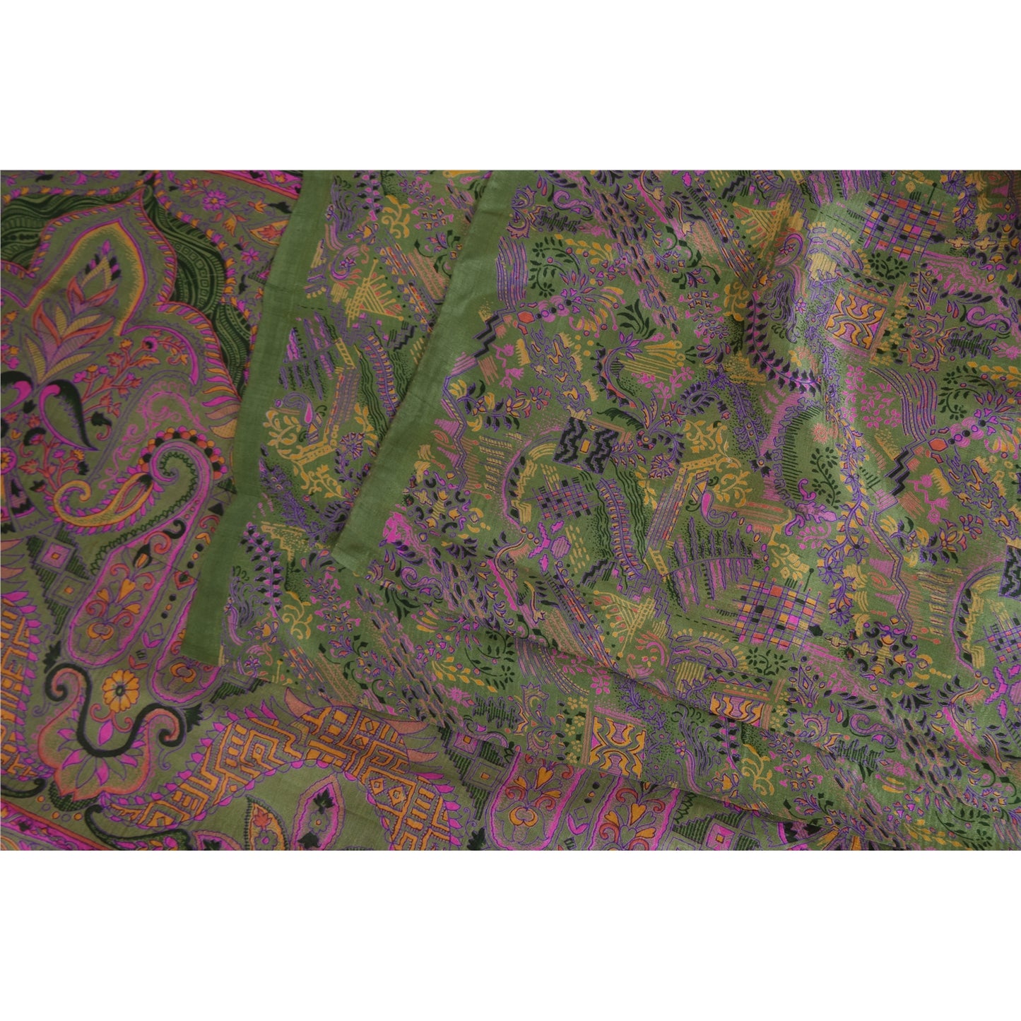 Sanskriti Vintage Sarees Green 100% Pure Silk Printed Sari 5+yd Craft Fabric