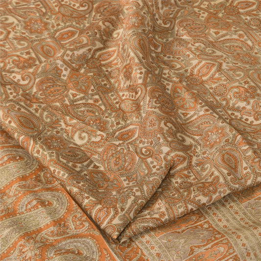 Sanskriti Vintage Sarees Brown Indian Pure Silk Printed Sari 6+yd Craft Sustainable Fabric