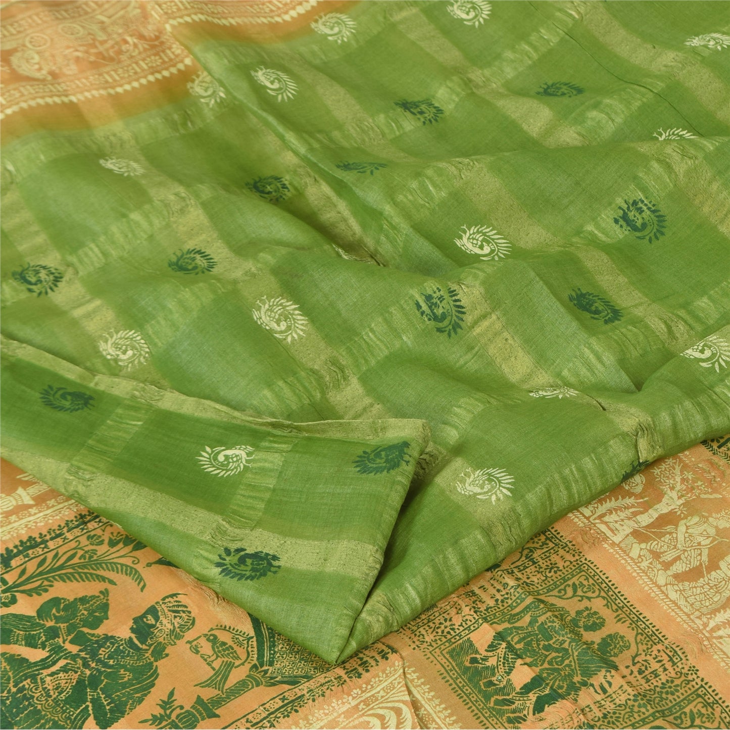 Sanskriti Vintage Sarees Green 100%Pure Silk Printed Woven Epic Sari 5+yd Sustainable Fabric