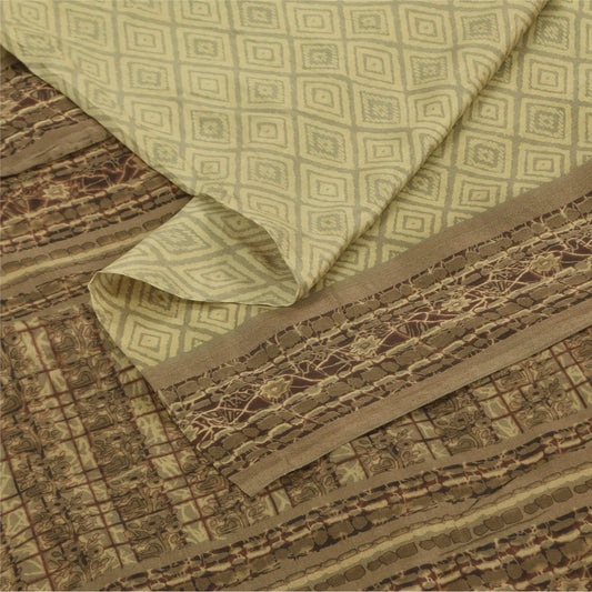 Sanskriti Vintage Sarees Cream 100% Pure Silk Printed Sari 5+yd Craft Sustainable Fabric