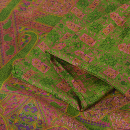 Sanskriti Vintage Sarees Green/Pink Pure Silk Printed Sari 6+yd Craft Sustainable Fabric