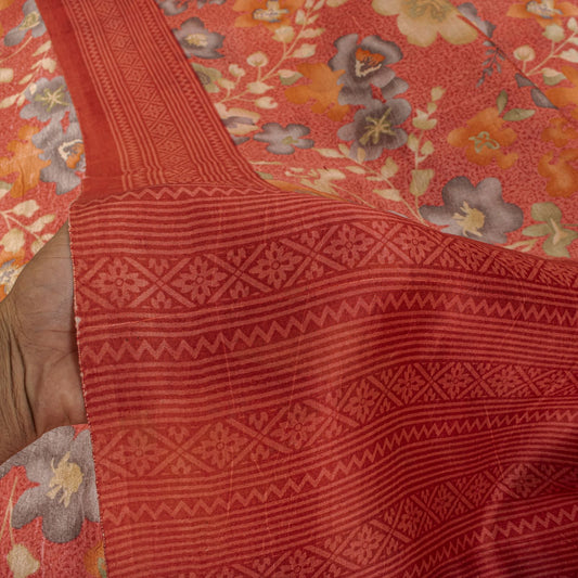 Sanskriti Vintage Pink Pure Silk Saree Floral Printed Sari 5+Yard Craft Fabric