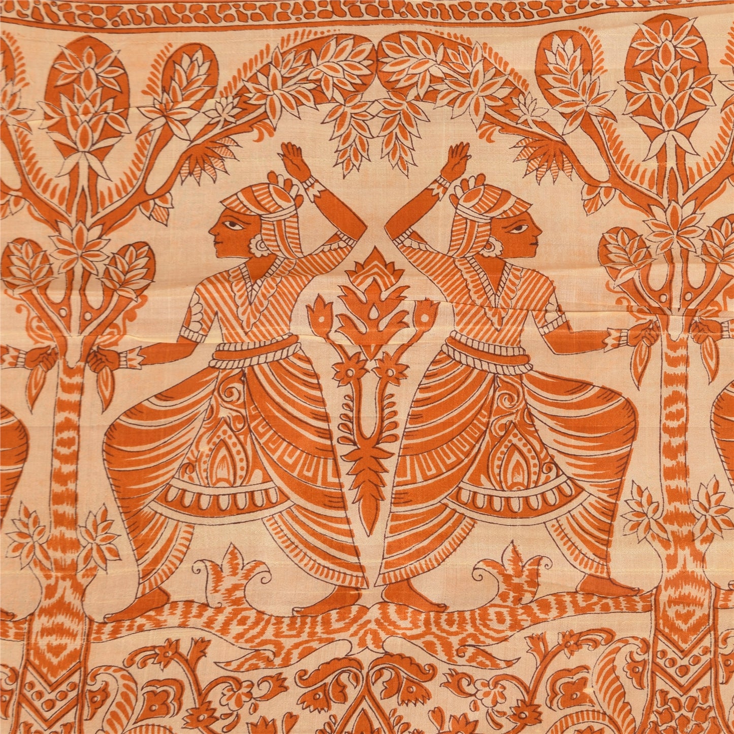 Sanskriti Vintage Sarees Orange Human Printed Pure Silk Sari 5+yd Craft Sustainable Fabric