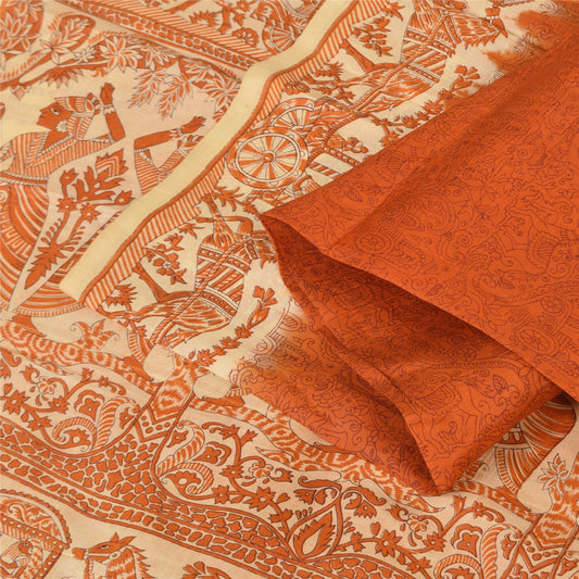 Sanskriti Vintage Sarees Orange Human Printed Pure Silk Sari 5+yd Craft Sustainable Fabric