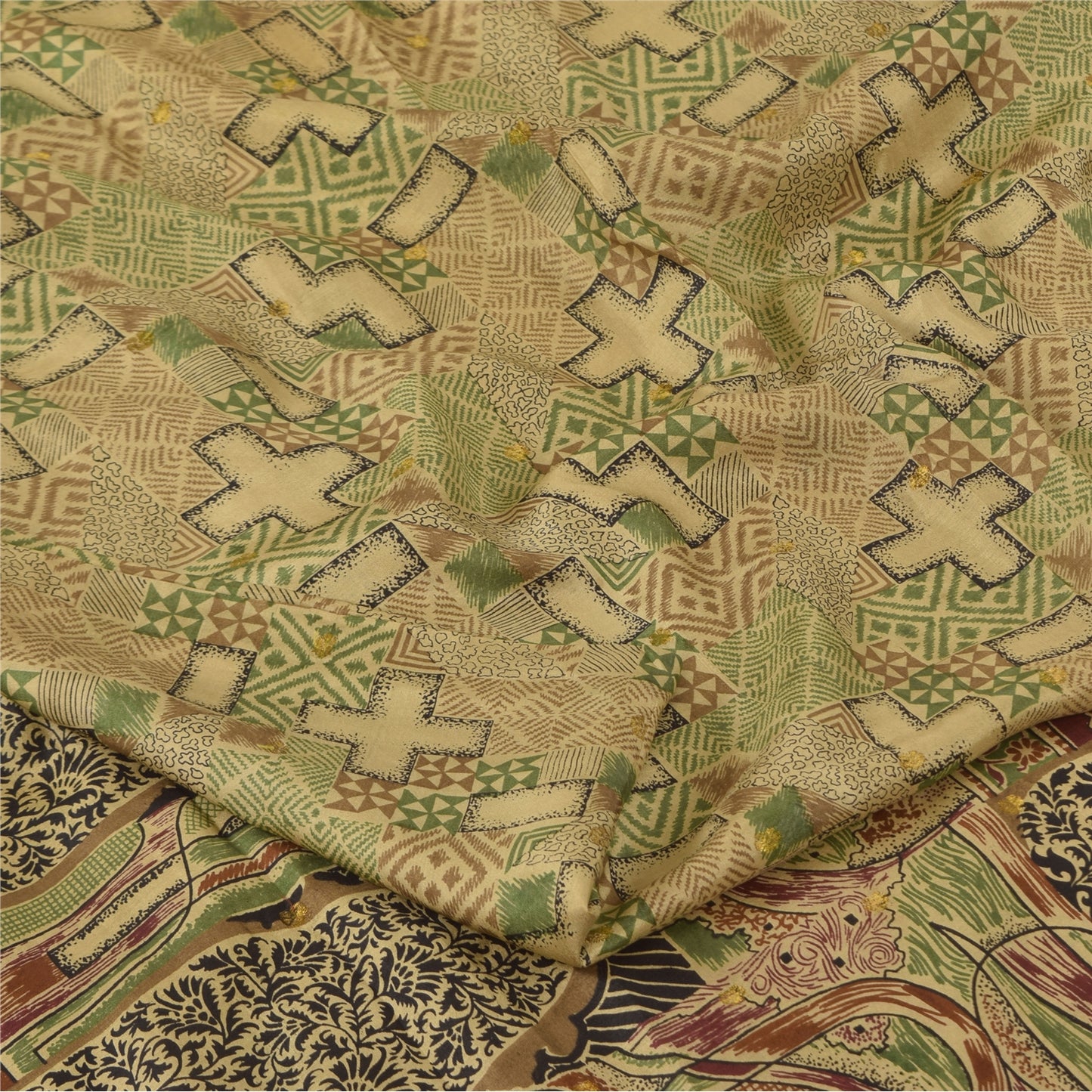 Sanskriti Vintage Sarees Zari Border Pure Silk Printed Sari 6+yd Craft Sustainable Fabric