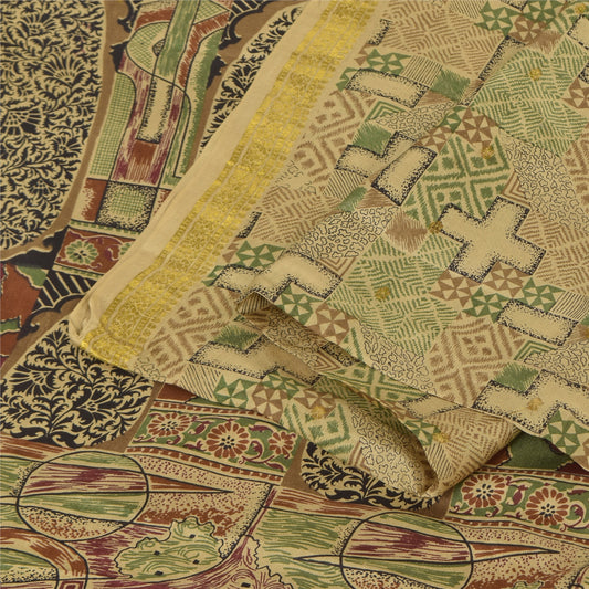 Sanskriti Vintage Sarees Zari Border Pure Silk Printed Sari 6+yd Craft Sustainable Fabric