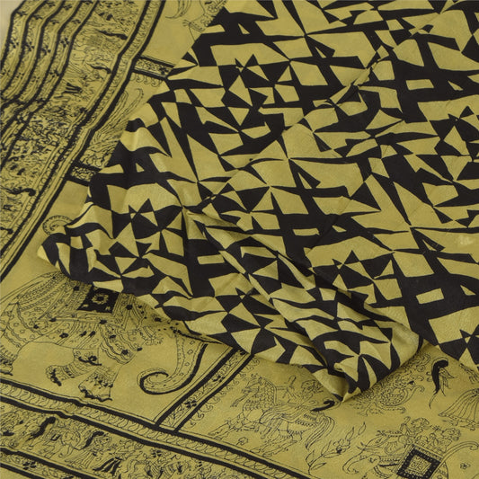 Sanskriti Vintage Sarees Lemon/Black Pure Silk Printed Sari 6+yd Craft Sustainable Fabric