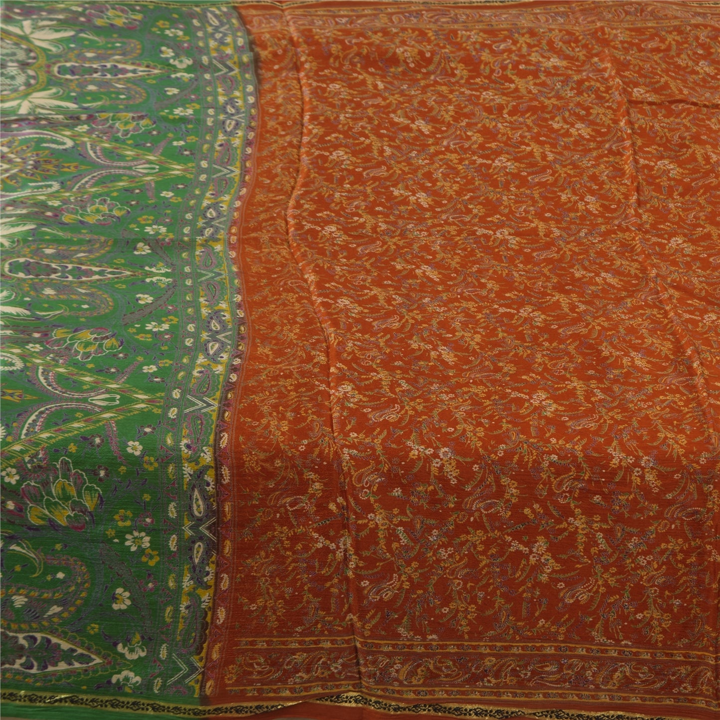 Sanskriti Vintage Sarees Orange Indian Pure Silk Printed Sari 5+yd Craft Sustainable Fabric
