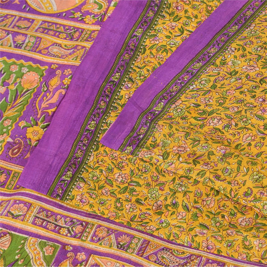 Sanskriti Vintage Sarees Yellow 100% Pure Silk Printed Sari 5+yd Craft Sustainable Fabric