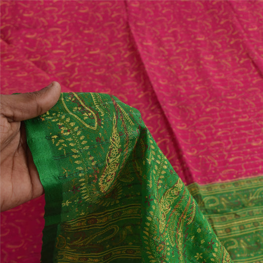 Sanskriti Vintage Sarees Pink Pure Silk Paisley Printed Sari 5+yd Craft Fabric