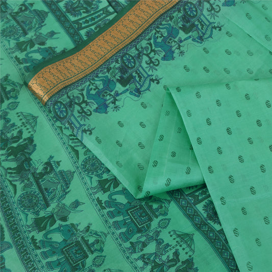 Sanskriti Vintage Sarees Sea Green Pure Silk Animal Human Print Sari 6yd Fabric