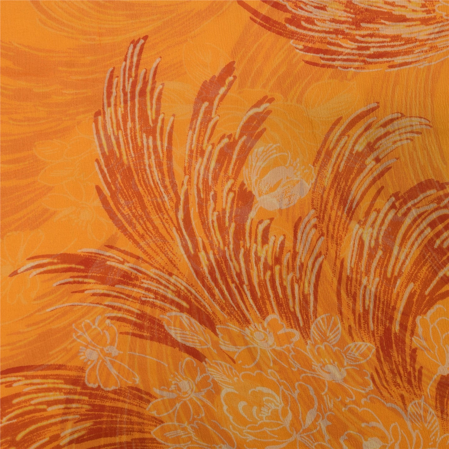 Sanskriti Vintage Sarees Orange Pure Chiffon Silk Printed Sari 5+yd Craft Sustainable Fabric