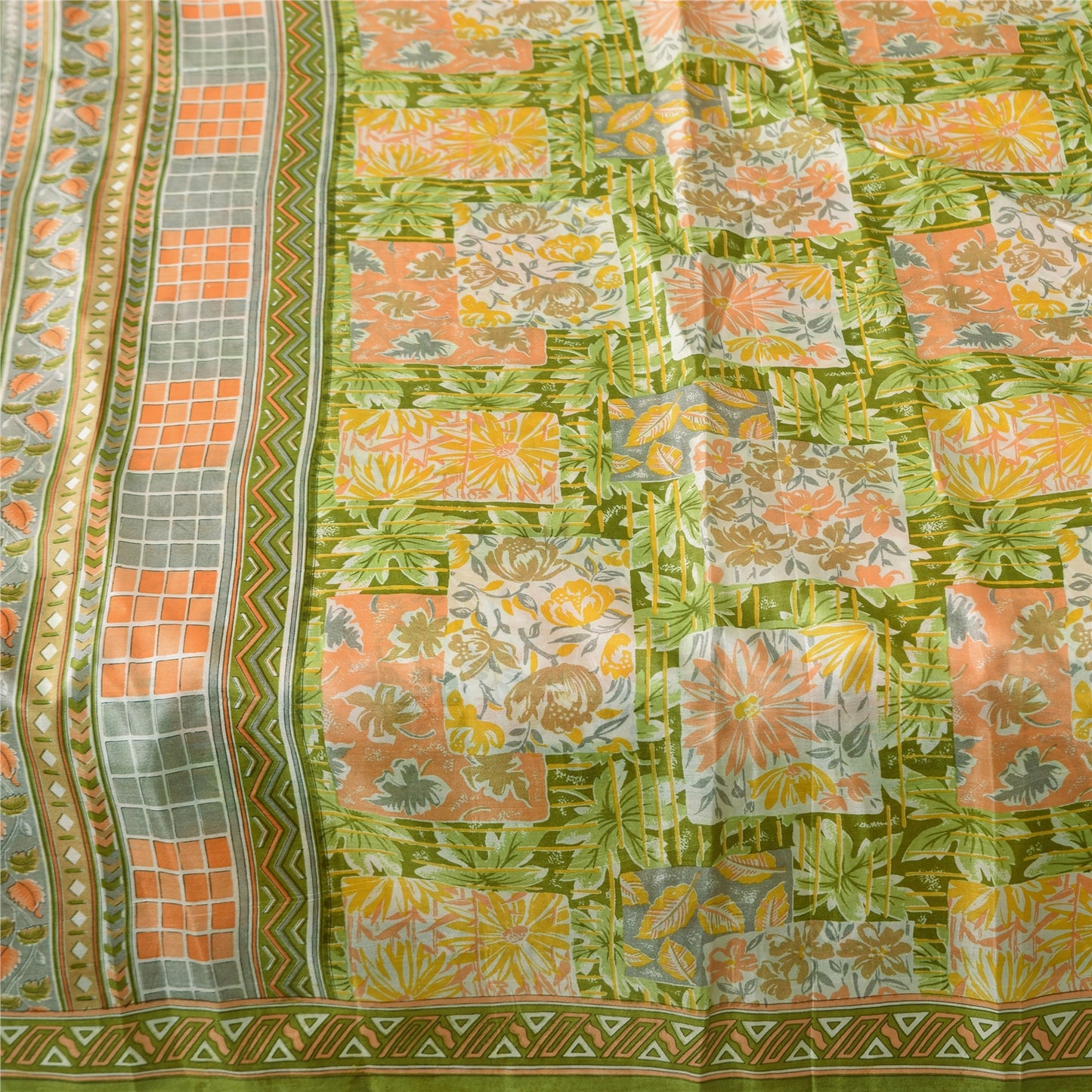 Sanskriti Vintage Sarees Green 100% Pure Silk Printed Sari 5+yd Craft Sustainable Fabric