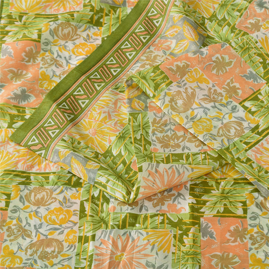 Sanskriti Vintage Sarees Green 100% Pure Silk Printed Sari 5+yd Craft Sustainable Fabric