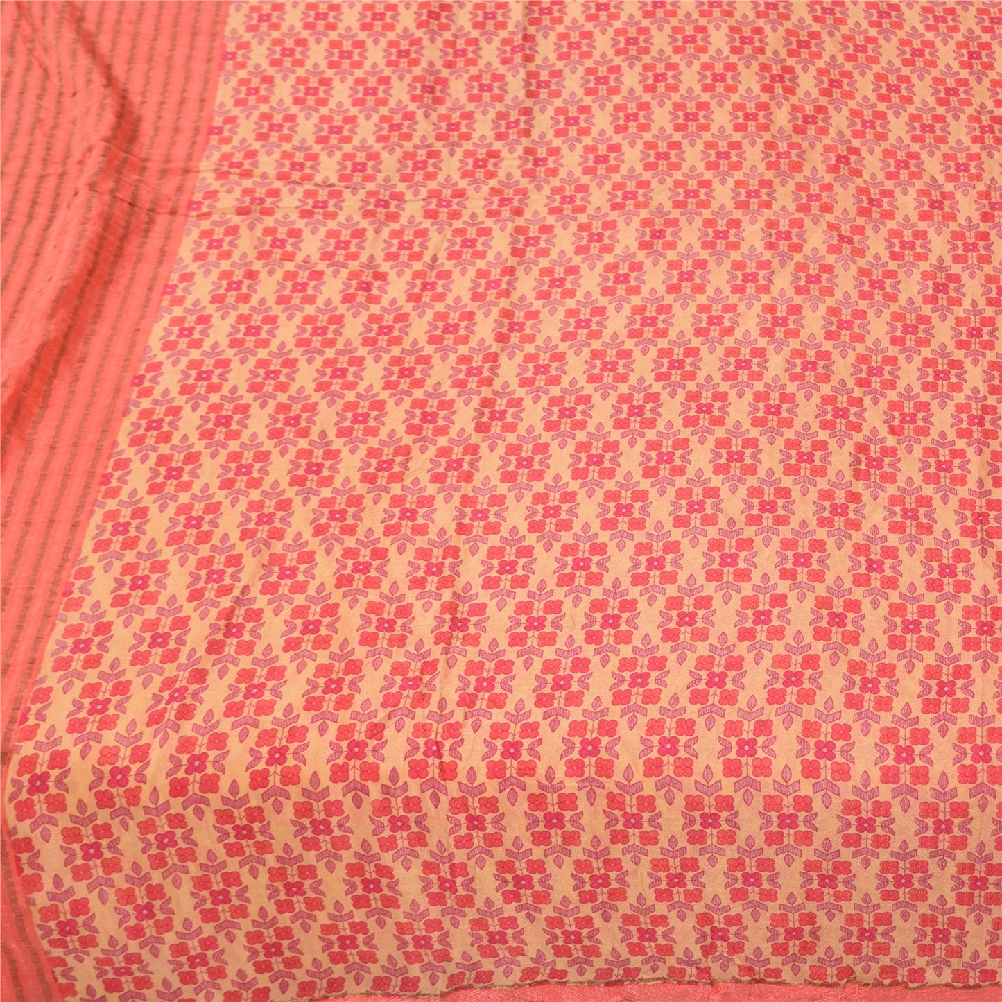 Sanskriti Vintage Sarees Peach Pure Silk Printed & Woven Sari 5+yd Craft Sustainable Fabric