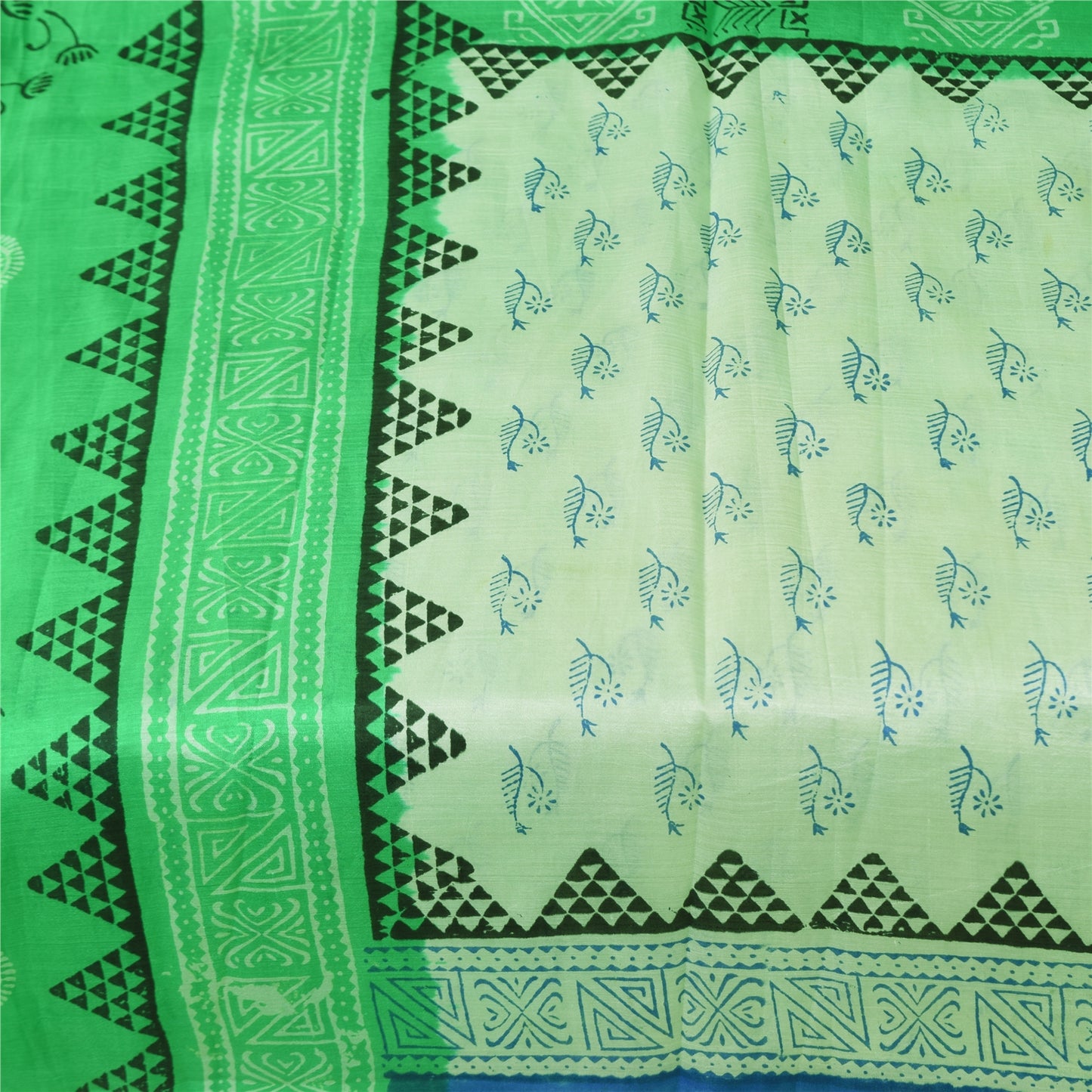 Sanskriti Vintage Sarees Green & Ivory Pure Silk Printed Sari 5+yd Craft Sustainable Fabric