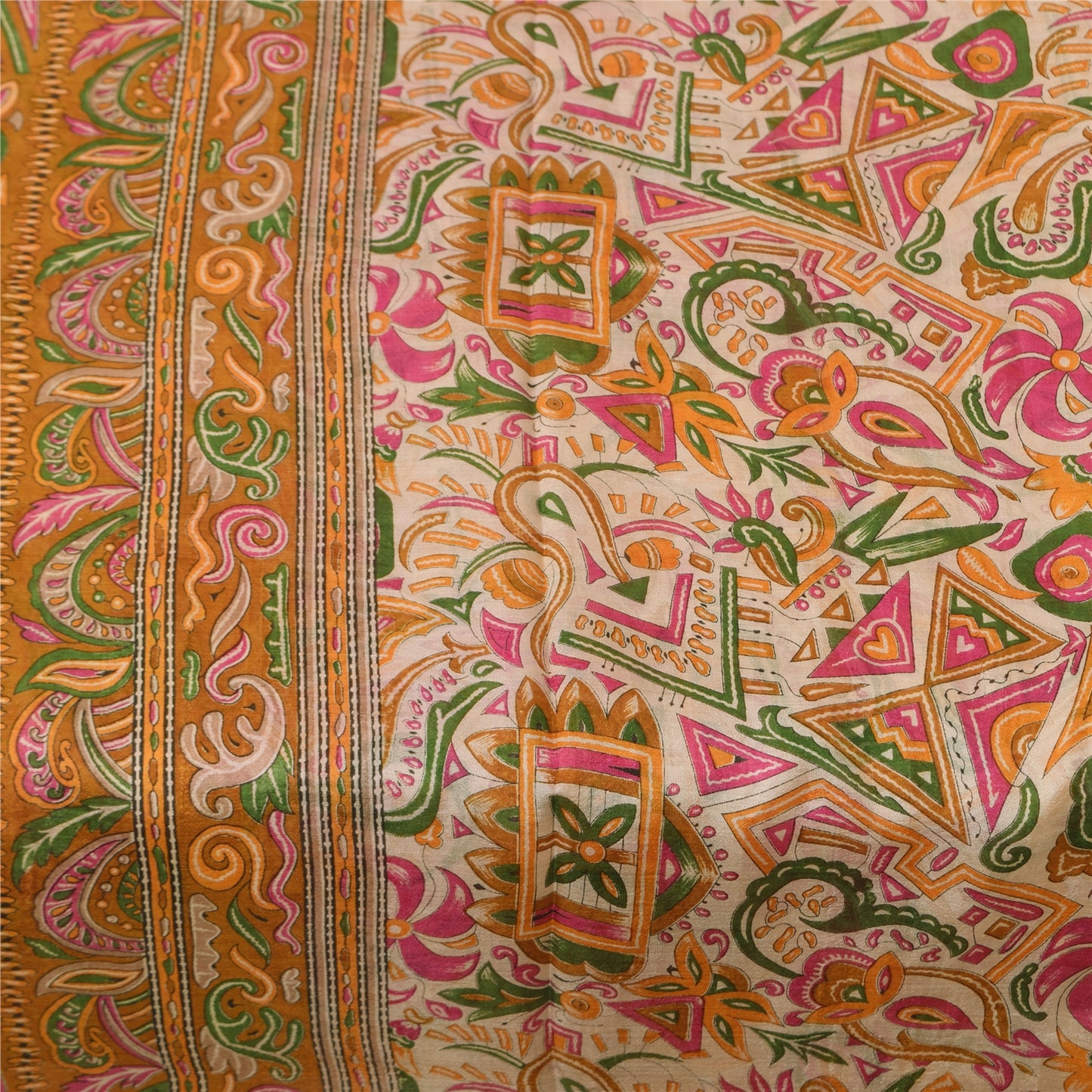 Sanskriti Vintage Sarees Ivory Indian Pure Silk Printed Sari 5+yd Craft Fabric