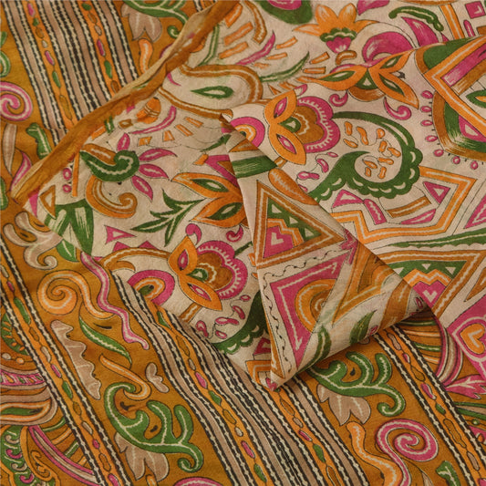 Sanskriti Vintage Sarees Ivory Indian Pure Silk Printed Sari 5+yd Craft Fabric