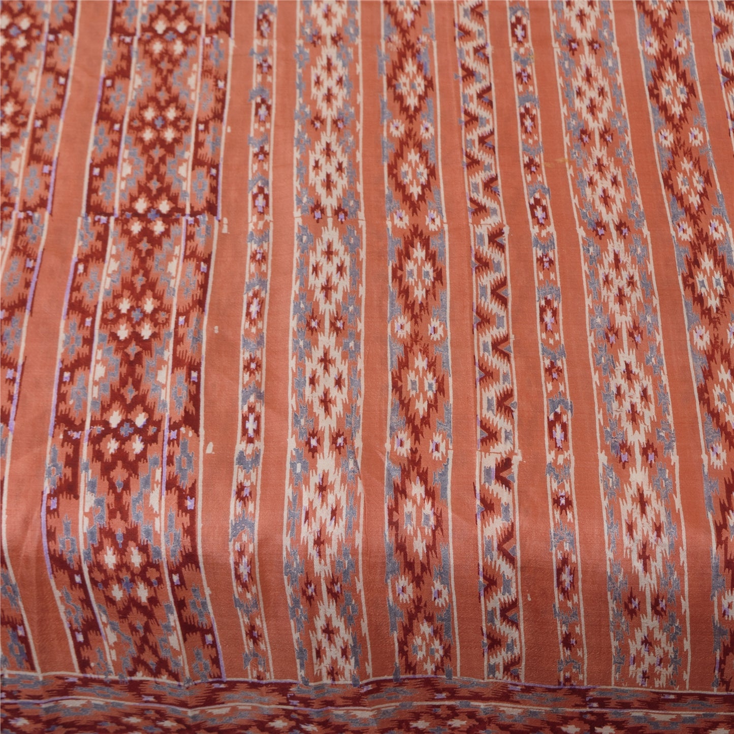 Sanskriti Vintage Sarees Peach Block Printed Pure Silk Sari 6yd Craft Fabric