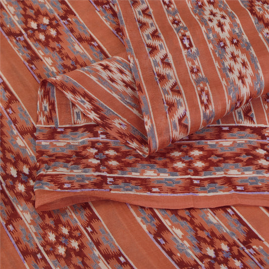 Sanskriti Vintage Sarees Peach Block Printed Pure Silk Sari 6yd Craft Fabric