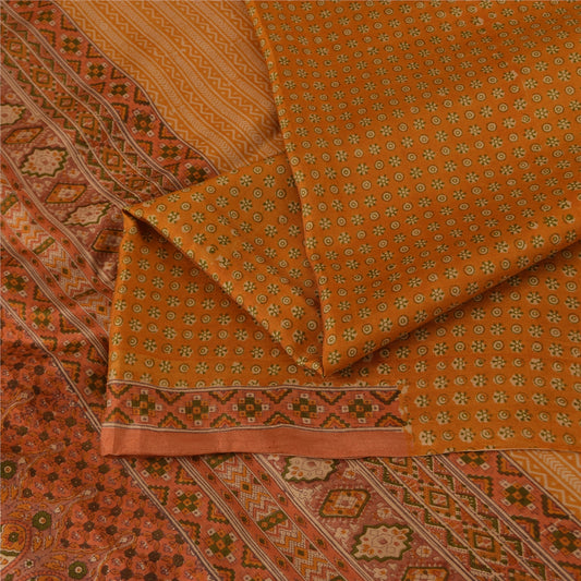 Sanskriti Vintage Sarees Saffron Indian Pure Silk Printed Sari 6+yd Craft Fabric