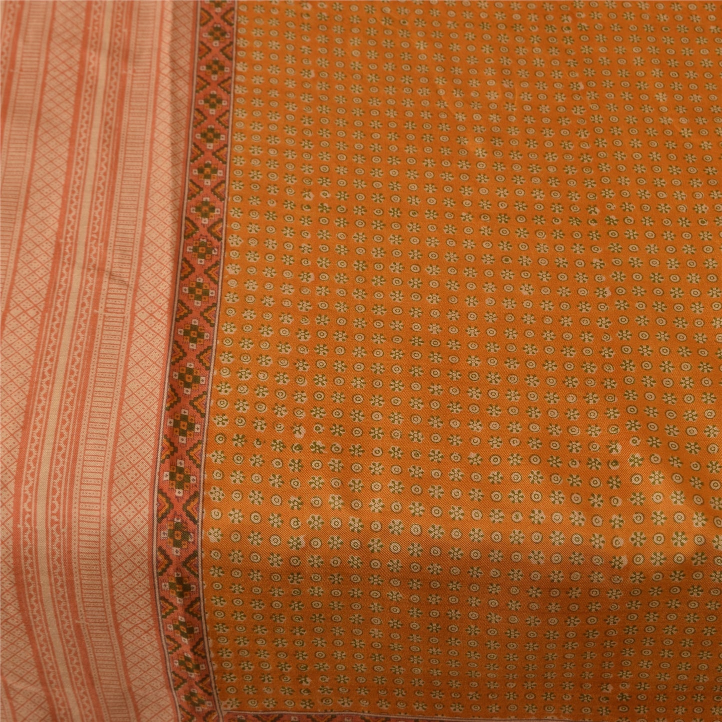 Sanskriti Vintage Sarees Saffron Indian Pure Silk Printed Sari 6+yd Craft Fabric
