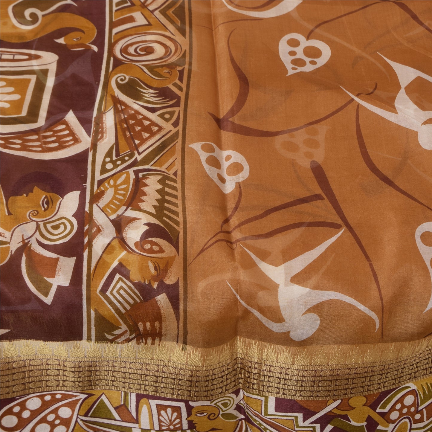 Sanskriti Vintage Sarees Brown Pure Silk Human Peacock Printed Sari 5+yd Fabric