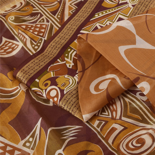 Sanskriti Vintage Sarees Brown Pure Silk Human Peacock Printed Sari 5+yd Fabric