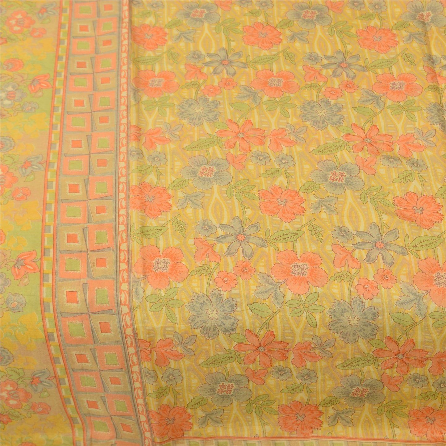 Sanskriti Vintage Sarees Yellow Indian Pure Silk Printed Sari 5+yd Craft Fabric