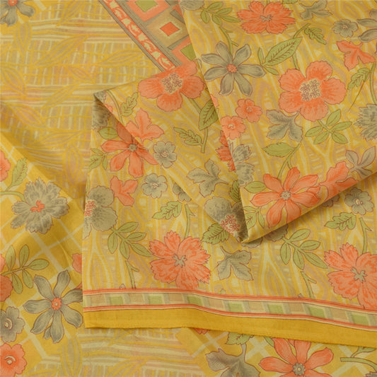 Sanskriti Vintage Sarees Yellow Indian Pure Silk Printed Sari 5+yd Craft Fabric