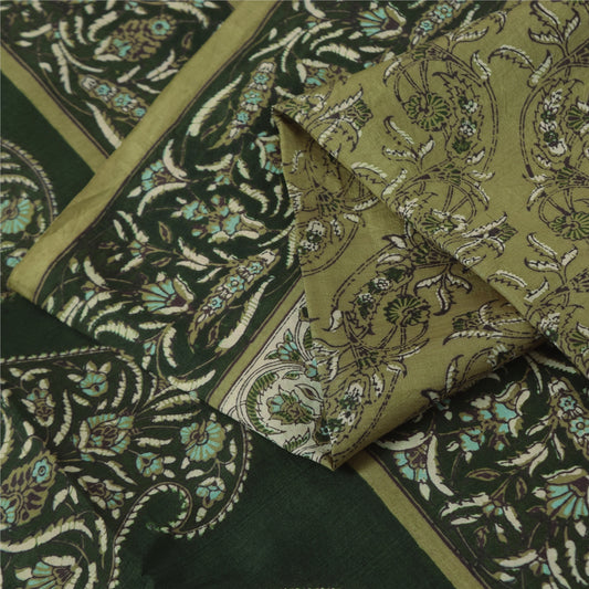 Sanskriti Vintage Sarees Green 100% Pure Silk Printed Sari 6yd Craft Fabric