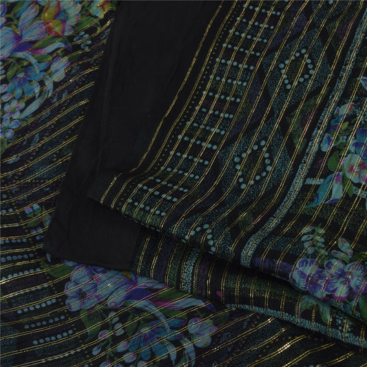 Sanskriti Vintage Sarees Black Pure Silk Printed Woven Sari 6+yd Craft Fabric