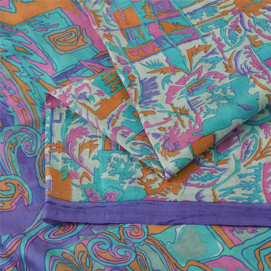 Sanskriti Vintage Sarees Multicolor 100% Pure Silk Printed Sari 6yd Craft Fabric