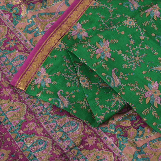 Sanskriti Vintage Sarees Green Zari Border Pure Silk Printed Sari 5+yd Fabric