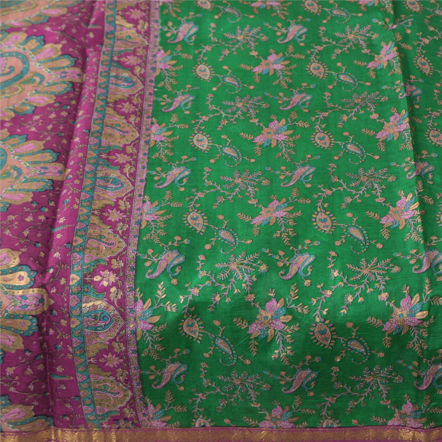 Sanskriti Vintage Sarees Green Zari Border Pure Silk Printed Sari 5+yd Fabric
