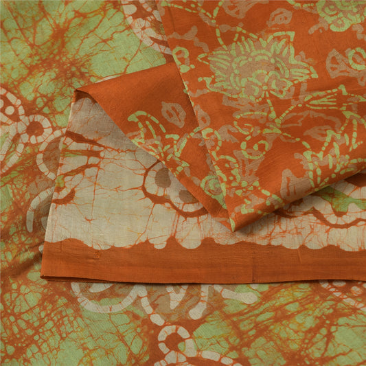 Sanskriti Vintage Sarees Orange Batik Work 100% Pure Silk Sari 5+yd Craft Fabric