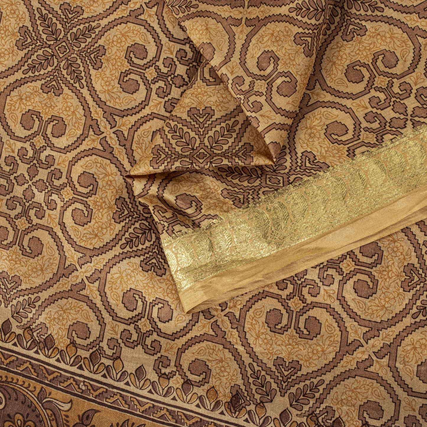 Sanskriti Vintage Saree Cream Soft Pure Silk Floral Print Zari Border Sari 5.5Yd