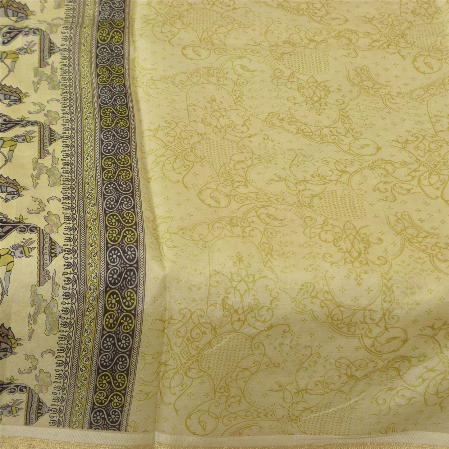 Sanskriti Vintage Sarees Cream Pure Silk Peacock Printed Sari 5+yd Craft Fabric