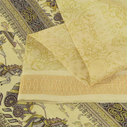 Sanskriti Vintage Sarees Cream Pure Silk Peacock Printed Sari 5+yd Craft Fabric