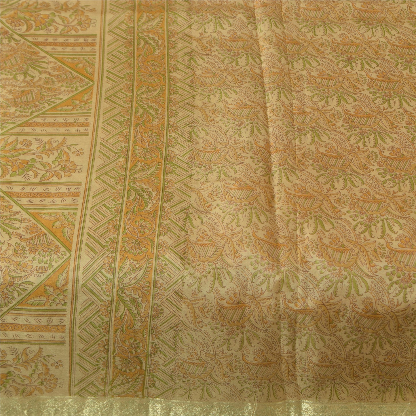 Sanskriti Vintage Sarees Cream Zari BorderPure Silk Print Sari 5+yd Craft Fabric