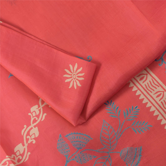 Sanskriti Vintage Sarees Pink Pure Silk Hand Block Print Sari 5+yd Craft Fabric