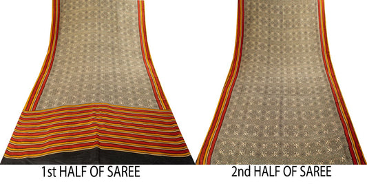 Sanskriti Vintage Saree Cream Soft Pure Silk Abstract Printed Sari 5.5+Yd Fabric