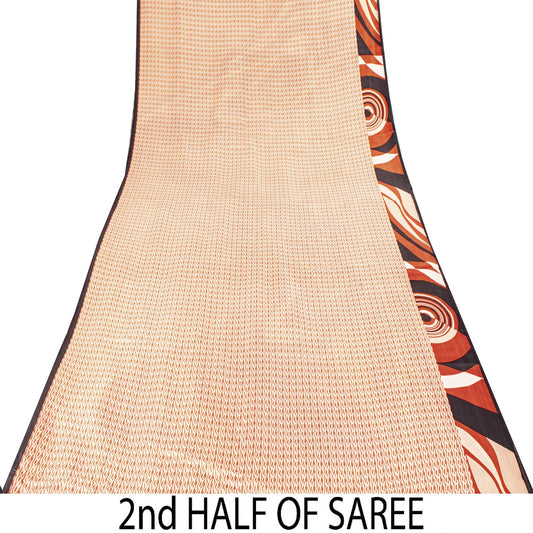 Sanskriti Vintage Saree Cream Soft Pure Silk Wave Abstract Print Sari 6Yd Fabric