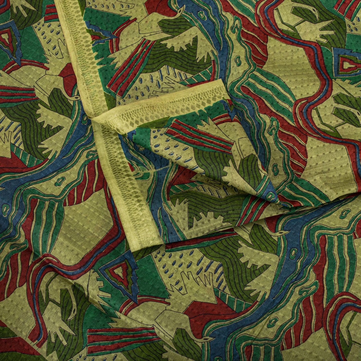 Sanskriti Vintage Saree Green Soft Pure Silk Abstract Printed Sari 6+Yd Fabric